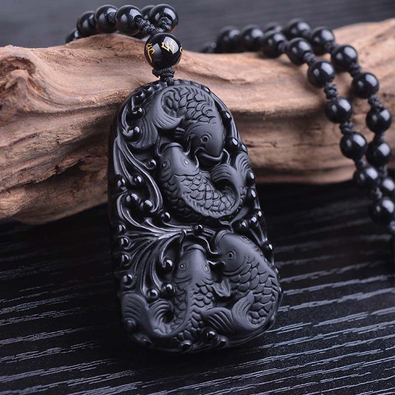 Collar colgante de cuentas grabadas de fuerza con pez koi de obsidiana negra de Buddha Stones - image 11