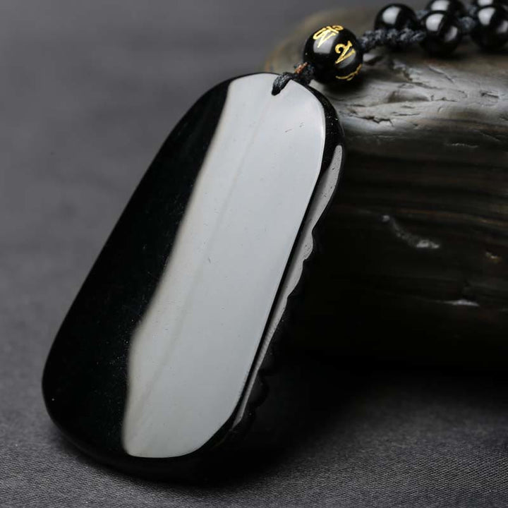 Collar colgante de cuentas grabadas de fuerza con pez koi de obsidiana negra de Buddha Stones - image 5