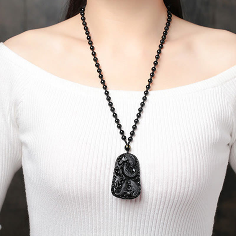 Collar colgante de cuentas grabadas de fuerza con pez koi de obsidiana negra de Buddha Stones - image 19