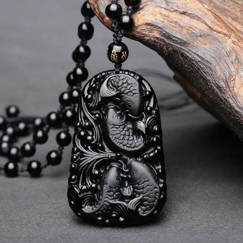 Collar colgante de cuentas grabadas de fuerza con pez koi de obsidiana negra de Buddha Stones - image 8