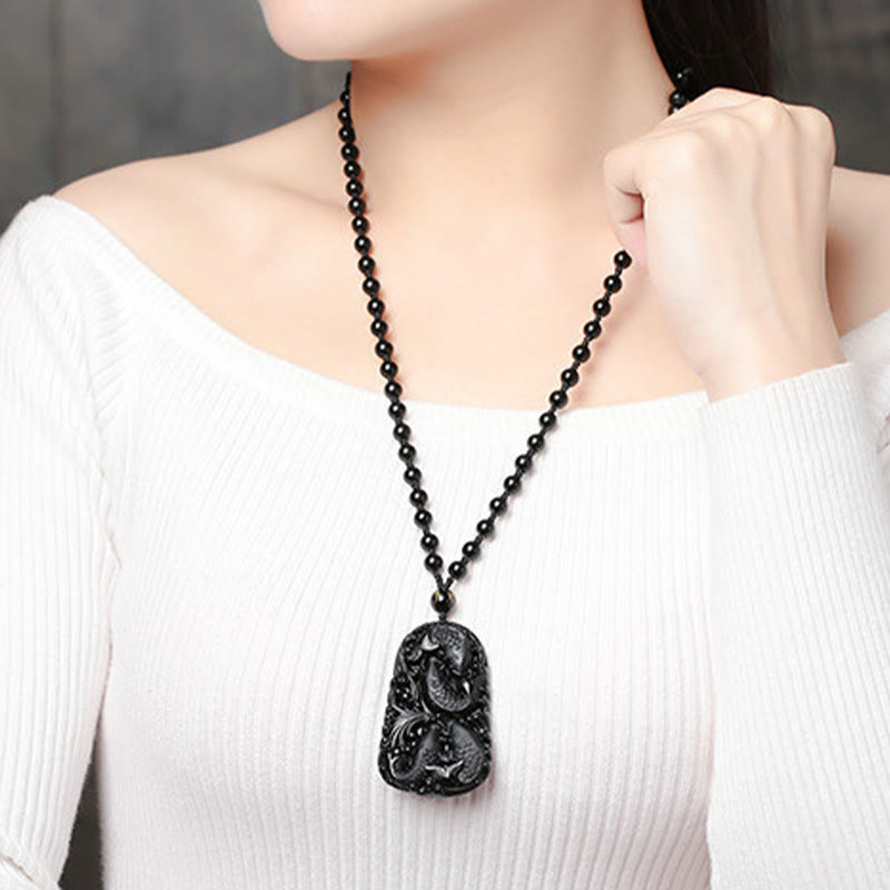 Collar colgante de cuentas grabadas de fuerza con pez koi de obsidiana negra de Buddha Stones - image 21