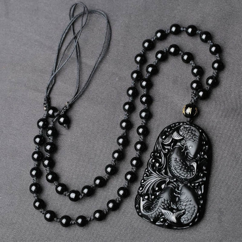 Collar colgante de cuentas grabadas de fuerza con pez koi de obsidiana negra de Buddha Stones - image 10