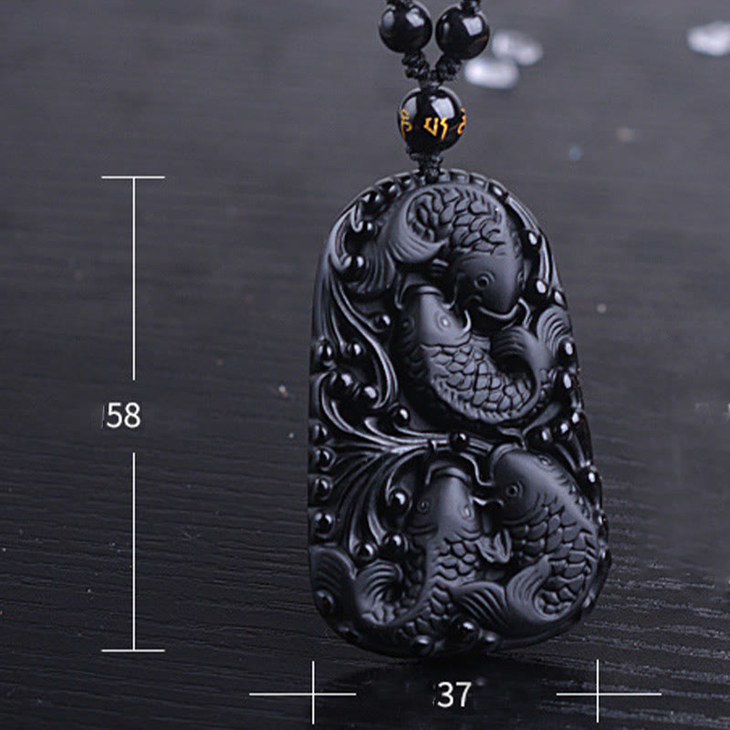Collar colgante de cuentas grabadas de fuerza con pez koi de obsidiana negra de Buddha Stones - image 16