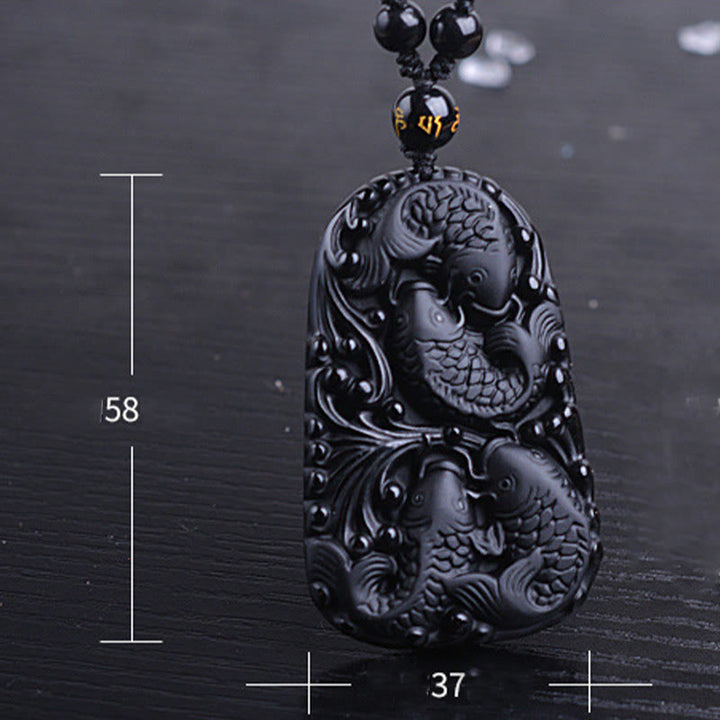 Collar colgante de cuentas grabadas de fuerza con pez koi de obsidiana negra de Buddha Stones - image 16