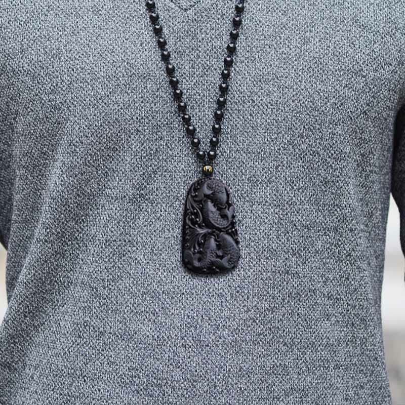 Collar colgante de cuentas grabadas de fuerza con pez koi de obsidiana negra de Buddha Stones - image 17