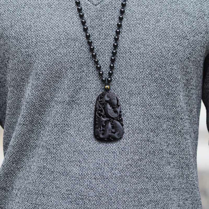 Collar colgante de cuentas grabadas de fuerza con pez koi de obsidiana negra de Buddha Stones - image 17