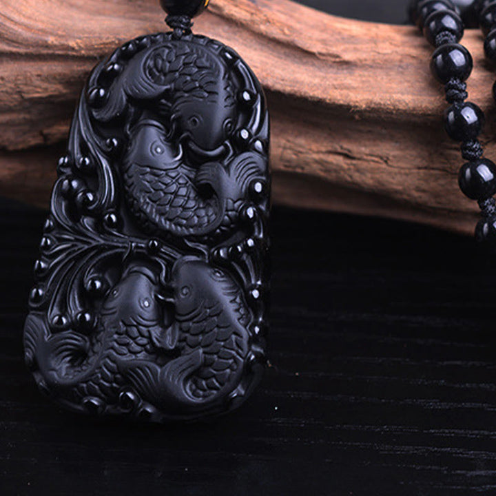 Collar colgante de cuentas grabadas de fuerza con pez koi de obsidiana negra de Buddha Stones - image 14