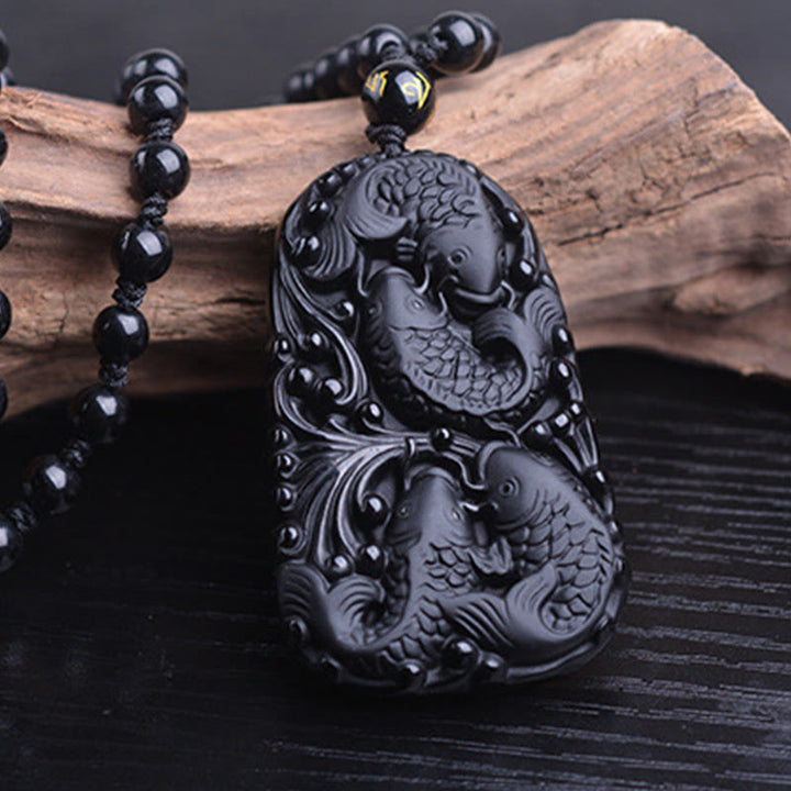 Collar colgante de cuentas grabadas de fuerza con pez koi de obsidiana negra de Buddha Stones - image 13
