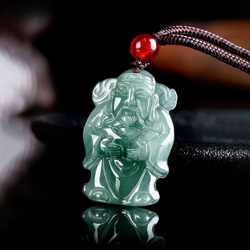 Buddha Stones Colgante de Jade Verde Natural Dios Chino de la Riqueza Caishen con Abundancia