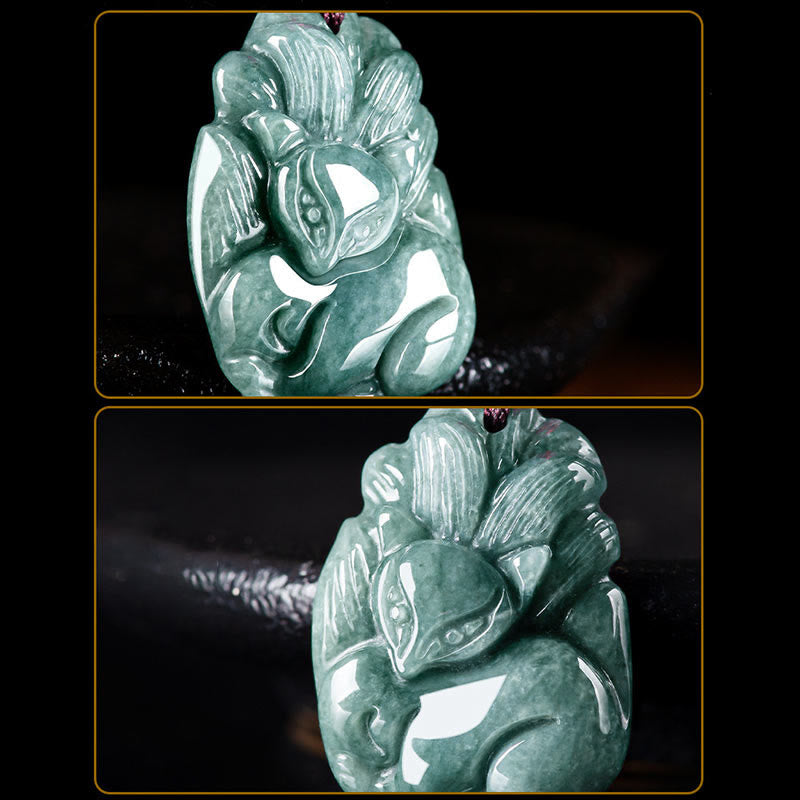 Colgante de Collar de Prosperidad con Nueve Colas de Zorro Grabado en Jade Verde Natural de Buddha Stones