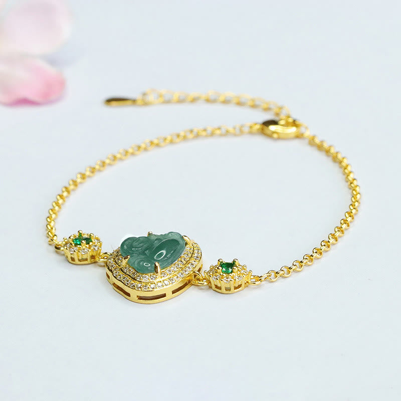 Buddha Stones Buda Sonriente Jade Verde Zircon Suerte Cadena Pulsera
