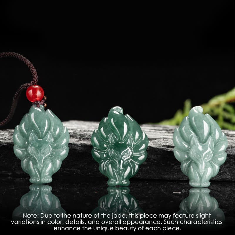 Buddha Stones Colgante de Collar de Jade Verde Natural con Zorro de Nueve Colas de la Suerte - image 7