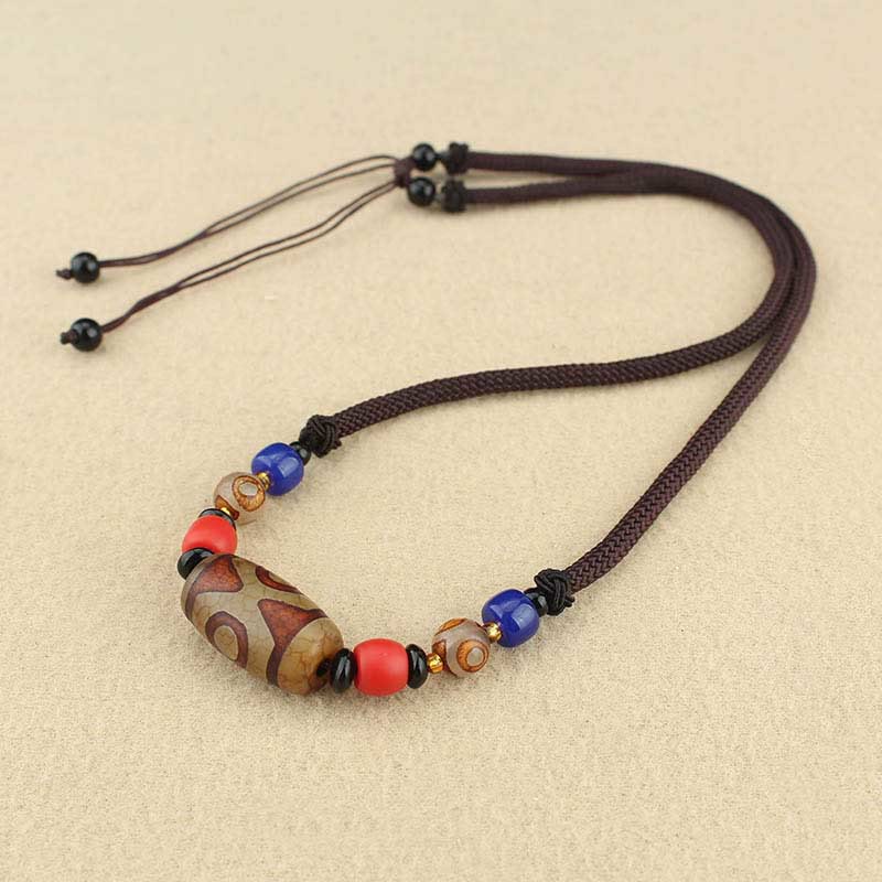 Buddha Stones Collar colgante de abalorio Dzi tibetano de nueve ojos de Dzi de tres ojos cuerda protectora