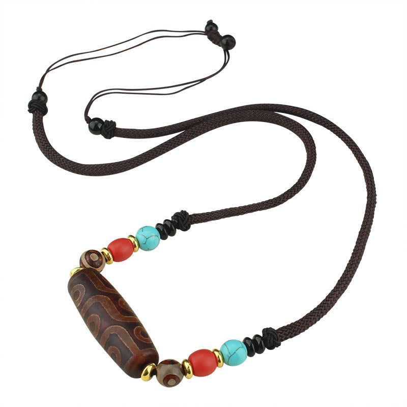 Buddha Stones Collar colgante de abalorio Dzi tibetano de nueve ojos de Dzi de tres ojos cuerda protectora