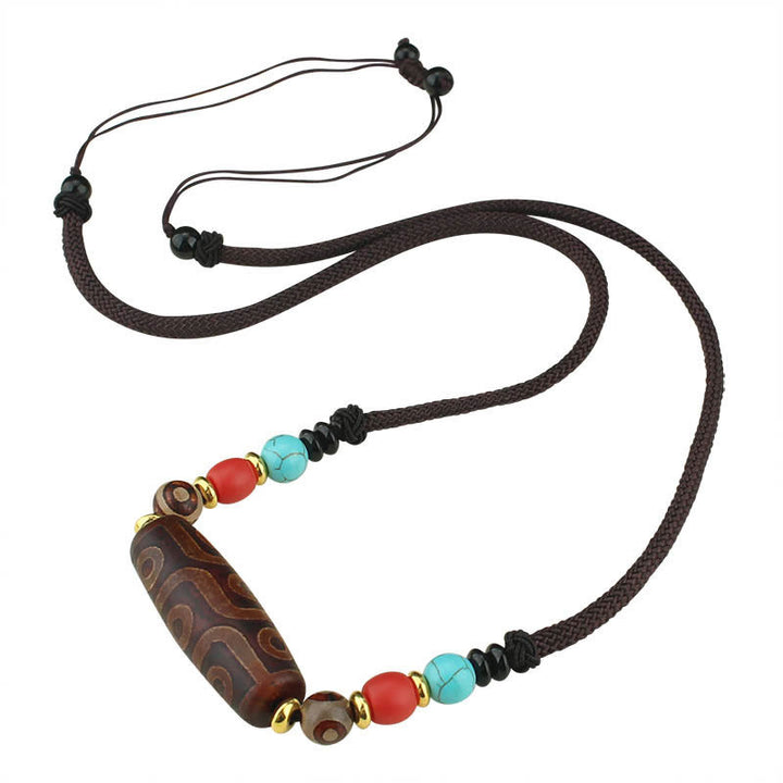 Buddha Stones Collar colgante de abalorio Dzi tibetano de nueve ojos de Dzi de tres ojos cuerda protectora