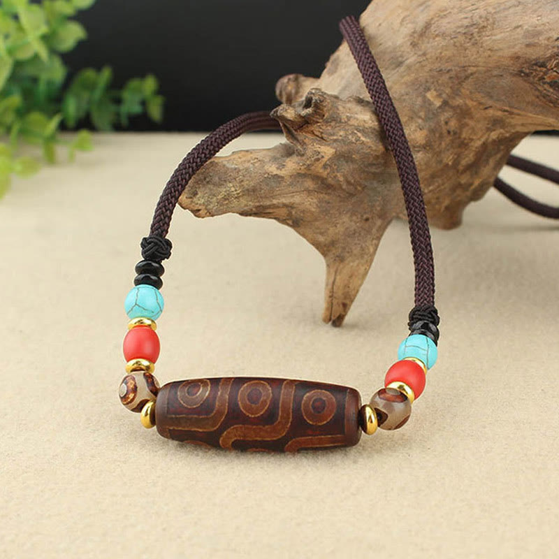 Buddha Stones Collar colgante de abalorio Dzi tibetano de nueve ojos de Dzi de tres ojos cuerda protectora