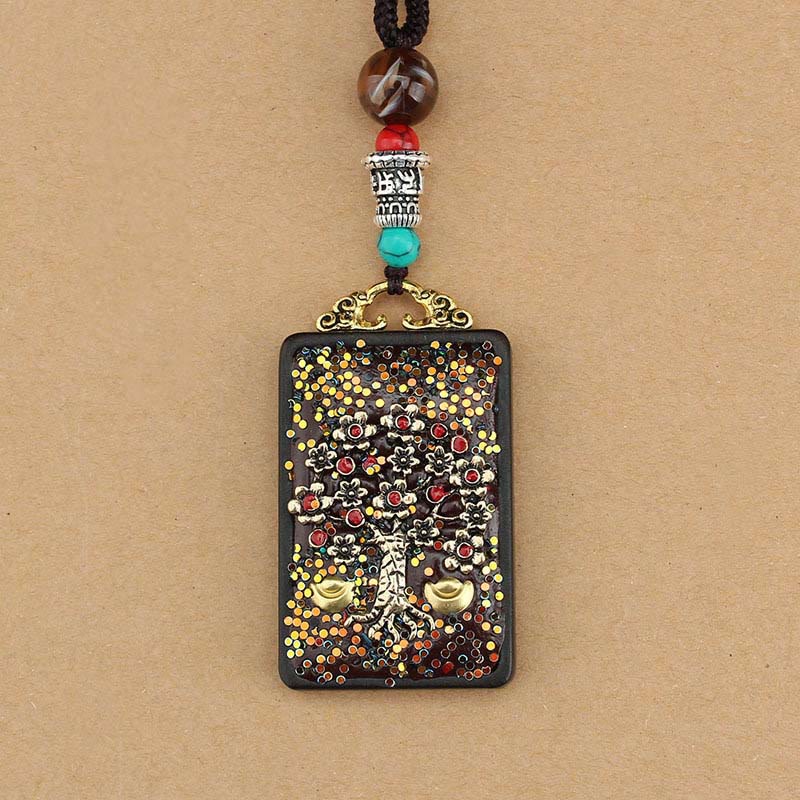 Buddha Stones Árbol de Dinero del Dios de la Riqueza de Tíbet Fénix Dorado Thangka Colgante de Ébano y Paz