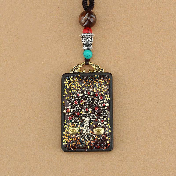 Buddha Stones Árbol de Dinero del Dios de la Riqueza de Tíbet Fénix Dorado Thangka Colgante de Ébano y Paz