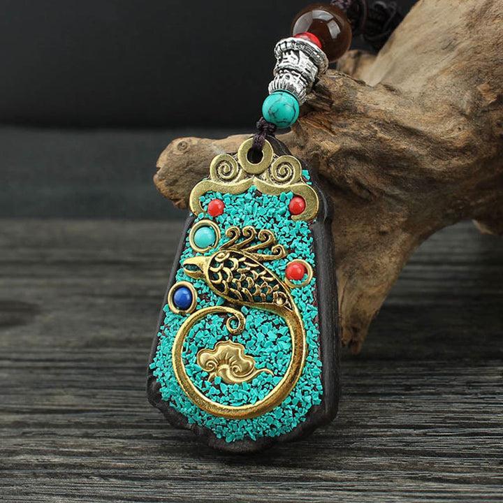 Buddha Stones Árbol de Dinero del Dios de la Riqueza de Tíbet Fénix Dorado Thangka Colgante de Ébano y Paz