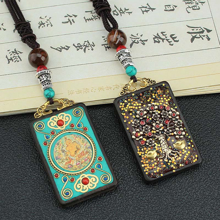 Buddha Stones Árbol de Dinero del Dios de la Riqueza de Tíbet Fénix Dorado Thangka Colgante de Ébano y Paz