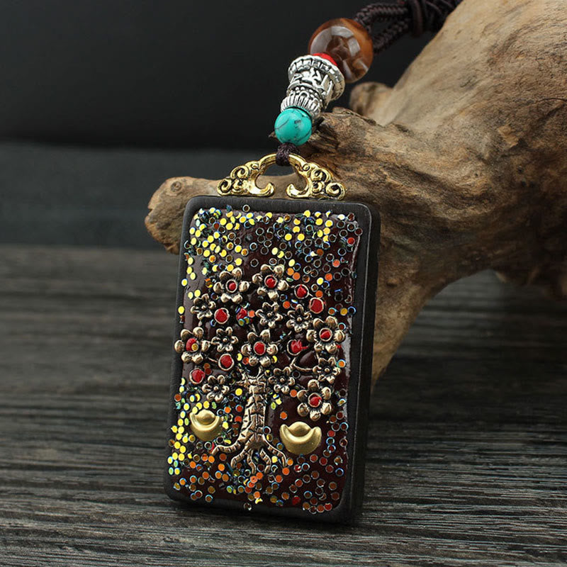 Buddha Stones Árbol de Dinero del Dios de la Riqueza de Tíbet Fénix Dorado Thangka Colgante de Ébano y Paz