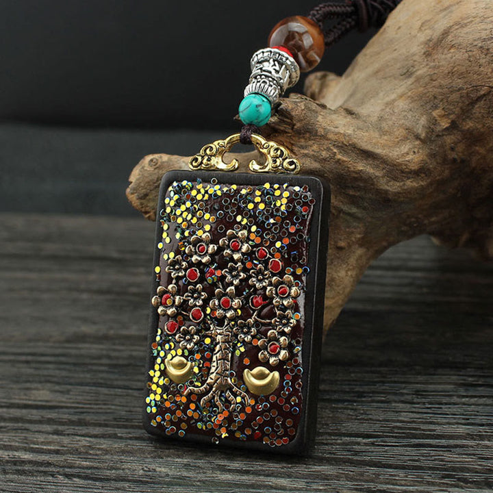 Buddha Stones Árbol de Dinero del Dios de la Riqueza de Tíbet Fénix Dorado Thangka Colgante de Ébano y Paz
