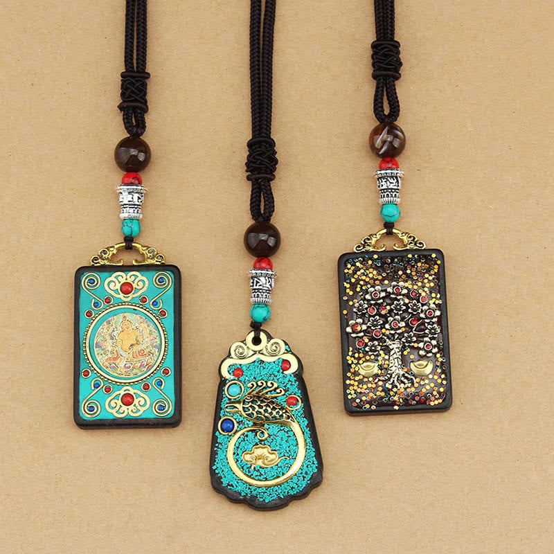 Buddha Stones Árbol de Dinero del Dios de la Riqueza de Tíbet Fénix Dorado Thangka Colgante de Ébano y Paz