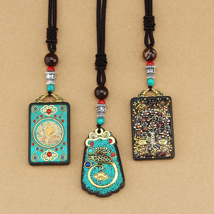 Buddha Stones Árbol de Dinero del Dios de la Riqueza de Tíbet Fénix Dorado Thangka Colgante de Ébano y Paz