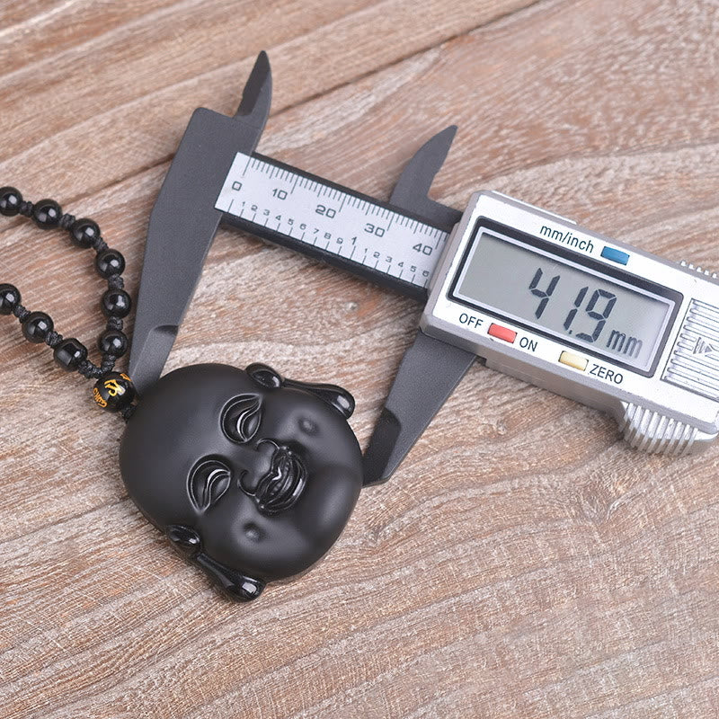 Buddha Stones Colgante de collar de purificación de Buda riendo de obsidiana negra natural