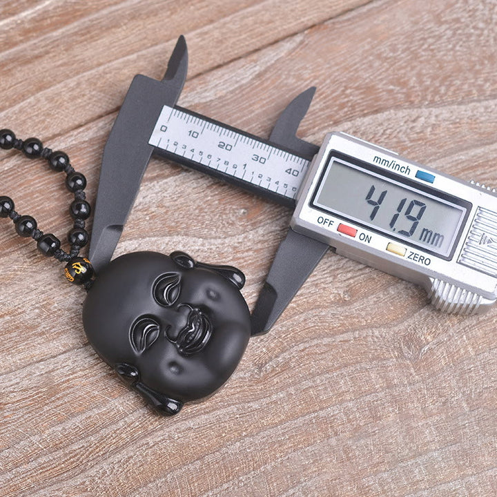 Buddha Stones Colgante de collar de purificación de Buda riendo de obsidiana negra natural