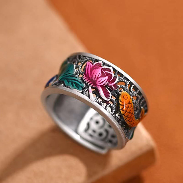 Buddha Stones Anillo de la suerte con Sutra del corazón de loto y pez Koi de esmalte azul cobre