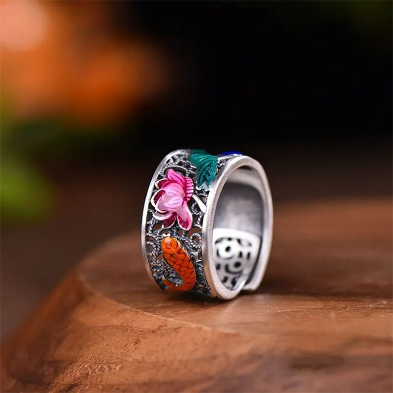 Buddha Stones Anillo de la suerte con Sutra del corazón de loto y pez Koi de esmalte azul cobre