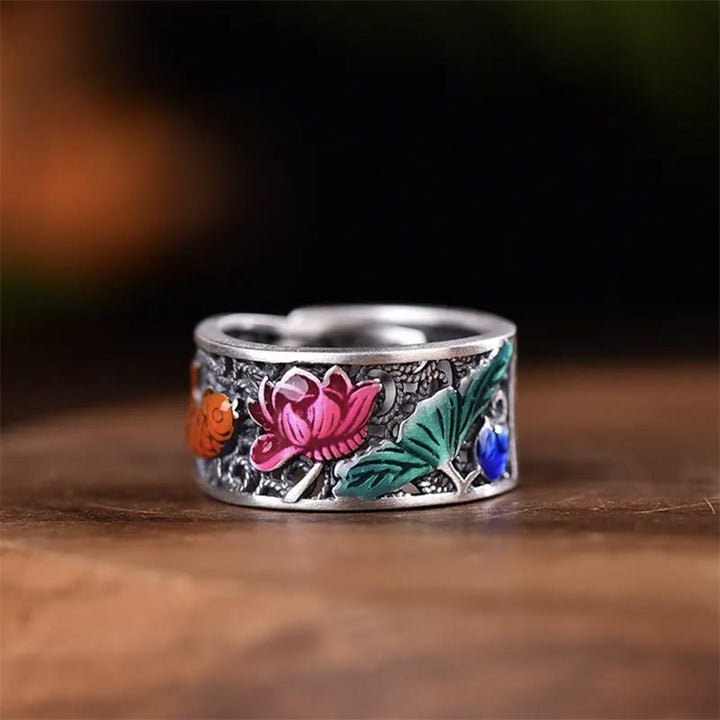 Buddha Stones Anillo de la suerte con Sutra del corazón de loto y pez Koi de esmalte azul cobre