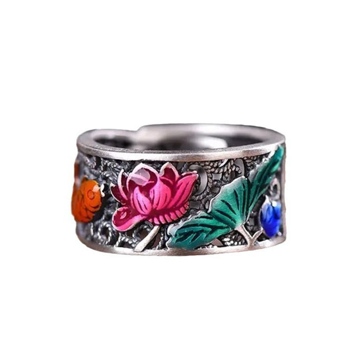 Buddha Stones Anillo de la suerte con Sutra del corazón de loto y pez Koi de esmalte azul cobre