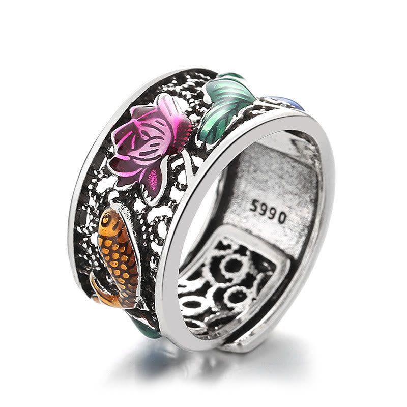 Buddha Stones Anillo de la suerte con Sutra del corazón de loto y pez Koi de esmalte azul cobre