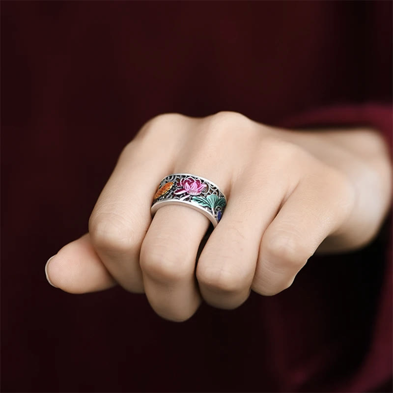 Buddha Stones Anillo de la suerte con Sutra del corazón de loto y pez Koi de esmalte azul cobre