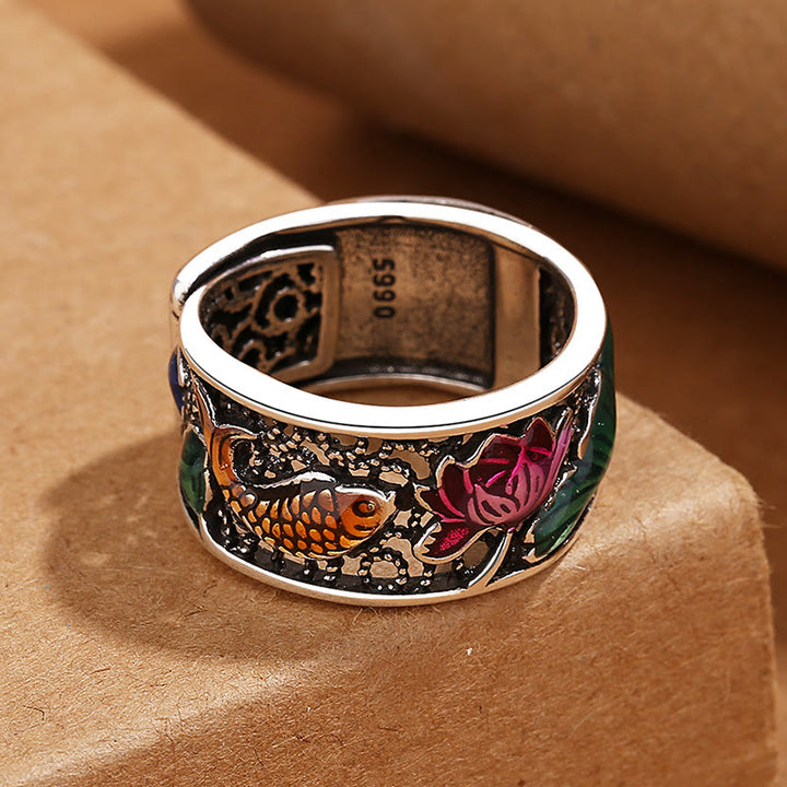Buddha Stones Anillo de la suerte con Sutra del corazón de loto y pez Koi de esmalte azul cobre