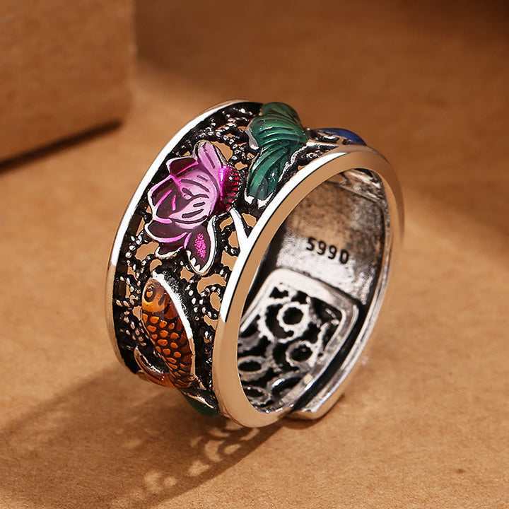 Buddha Stones Anillo de la suerte con Sutra del corazón de loto y pez Koi de esmalte azul cobre