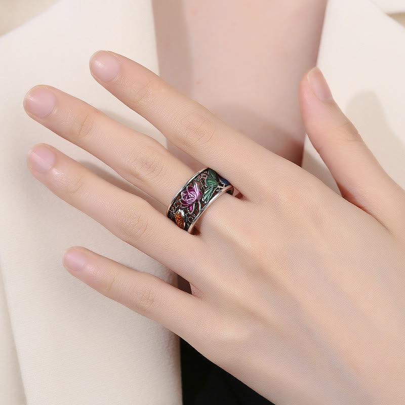 Buddha Stones Anillo de la suerte con Sutra del corazón de loto y pez Koi de esmalte azul cobre