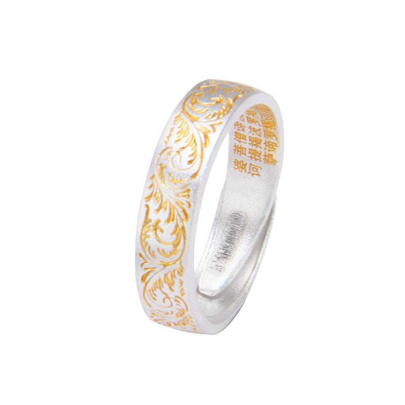 Anillo con patrón de flor alegre pintada en oro de plata de ley 999 Buddha Stones con Sutra del Corazón pacífico - Sutra del corazón con patrón de flores - image 3