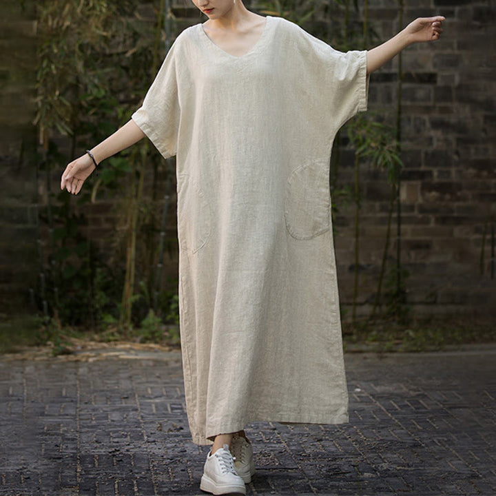 Vestido midi de lino de ramio de media manga con cuello en V de color sólido Buddha Stones con bolsillos - image 1