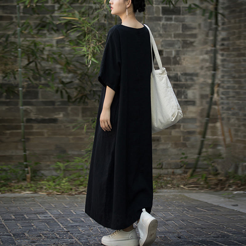 Vestido midi de lino de ramio de media manga con cuello en V de color sólido Buddha Stones con bolsillos