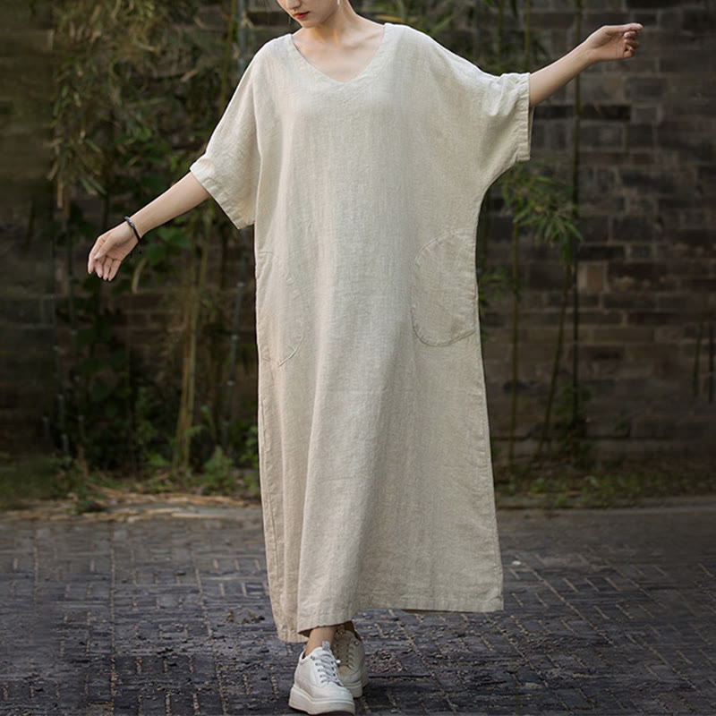 Vestido midi de lino de ramio de media manga con cuello en V de color sólido Buddha Stones con bolsillos