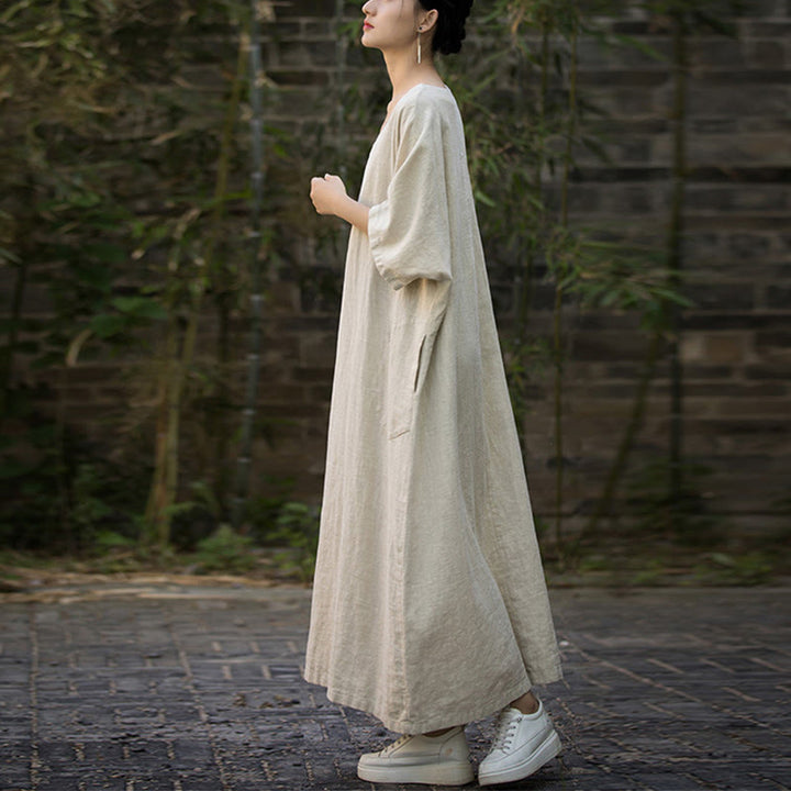 Vestido midi de lino de ramio de media manga con cuello en V de color sólido Buddha Stones con bolsillos