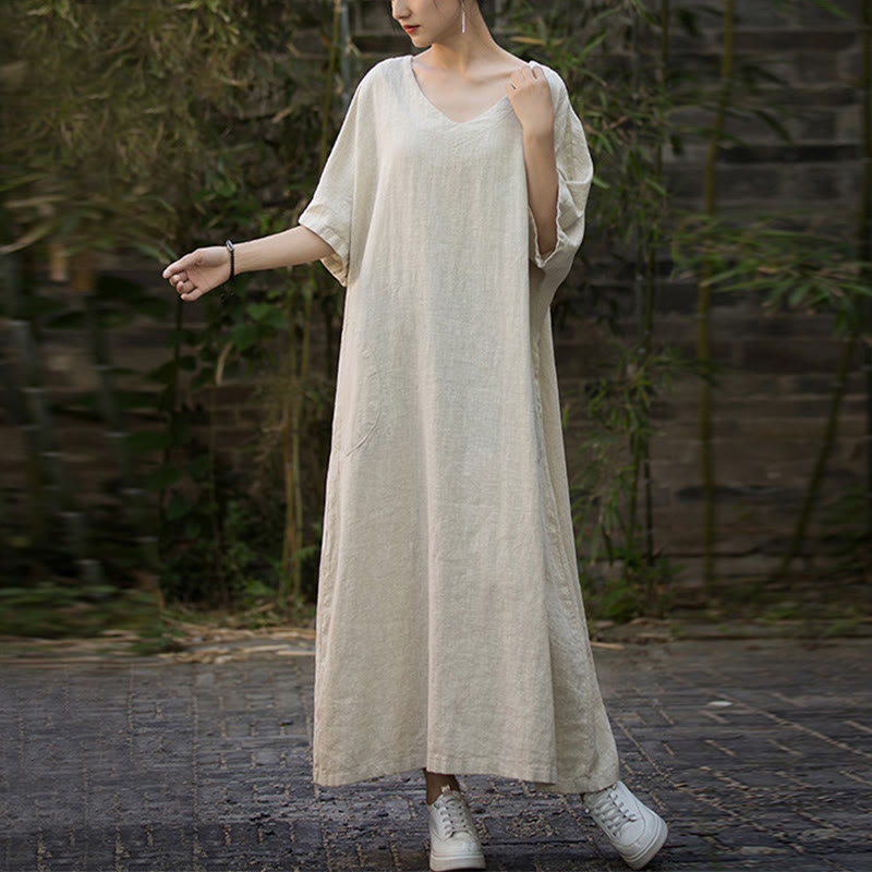 Vestido midi de lino de ramio de media manga con cuello en V de color sólido Buddha Stones con bolsillos - image 9