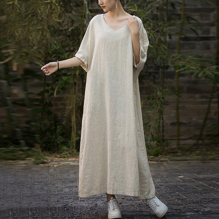Vestido midi de lino de ramio de media manga con cuello en V de color sólido Buddha Stones con bolsillos - image 9