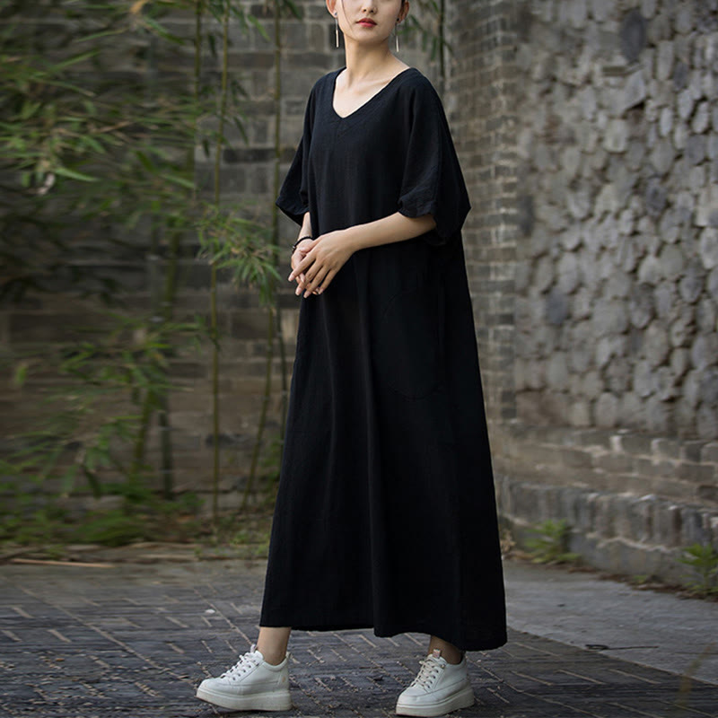Vestido midi de lino de ramio de media manga con cuello en V de color sólido Buddha Stones con bolsillos