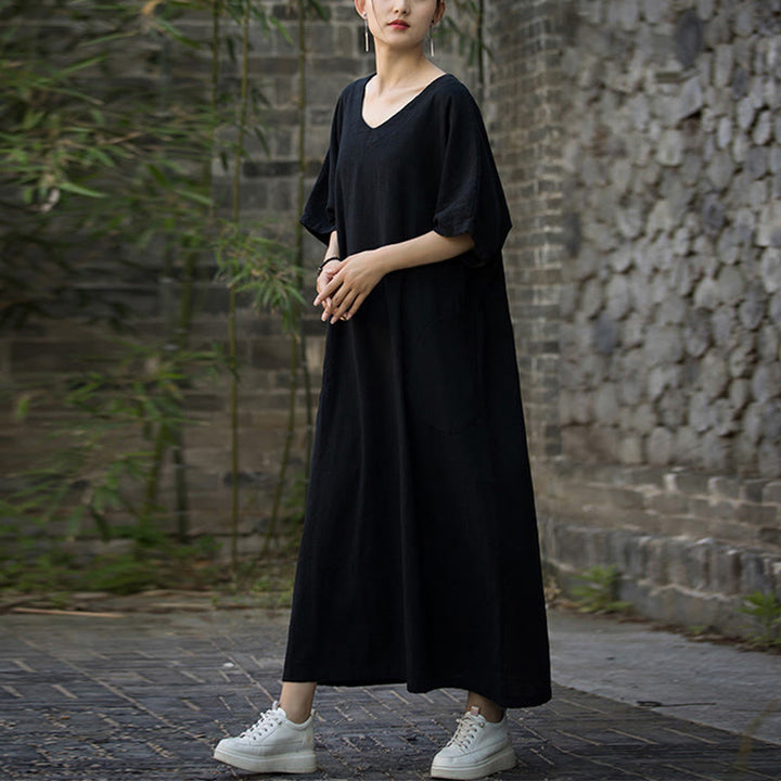 Vestido midi de lino de ramio de media manga con cuello en V de color sólido Buddha Stones con bolsillos