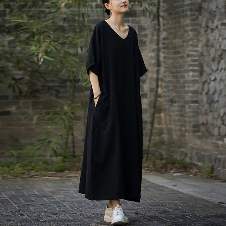 Vestido midi de lino de ramio de media manga con cuello en V de color sólido Buddha Stones con bolsillos - image 13