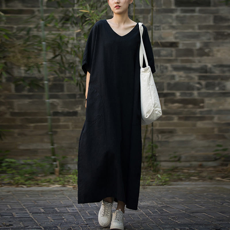 Vestido midi de lino de ramio de media manga con cuello en V de color sólido Buddha Stones con bolsillos - Negro - F (Apto para US4-14; UK/AU8-18; EU36-46) - image 10